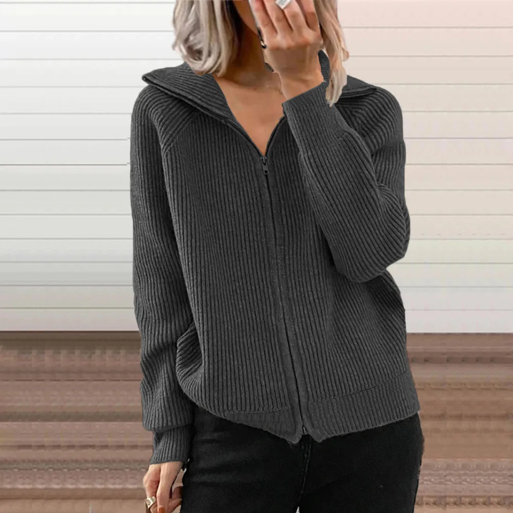 Fashionable Solid Color Loose Knit With Zipper Lapel Sweater