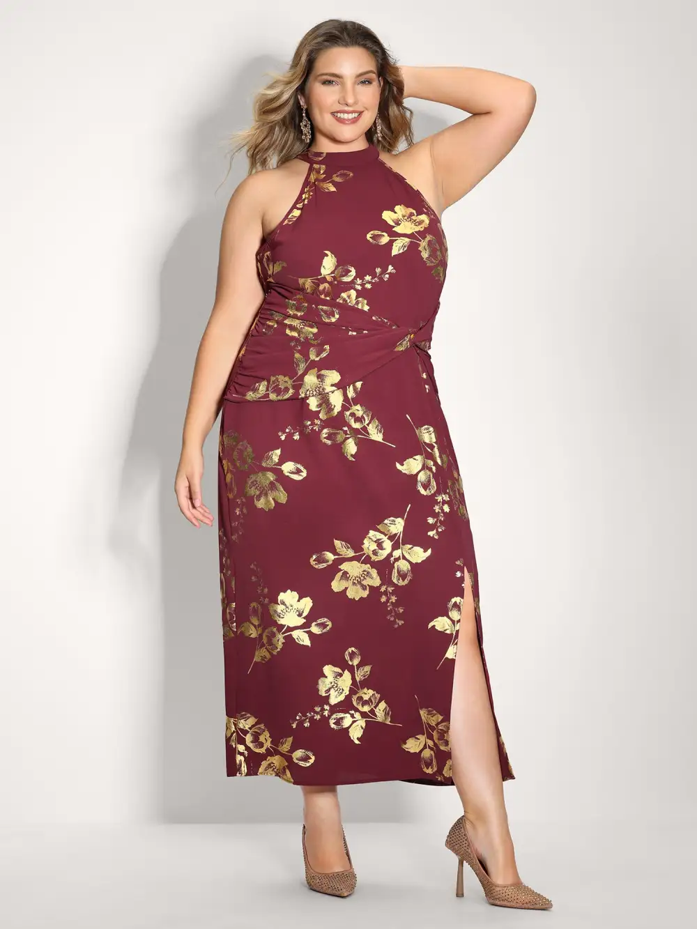 Gold Stamped Rose Twist Waist Midi Dress