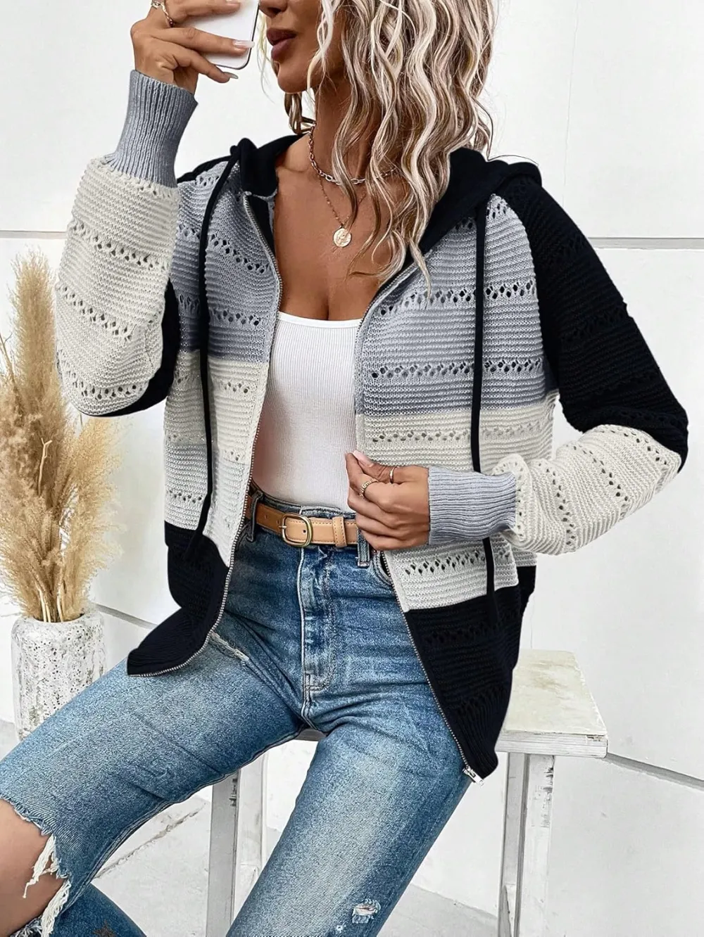 Women's Colorblock Zip Up Hoodie Jacket Long Sleeve Drawstring Hooded Cardigan Coat