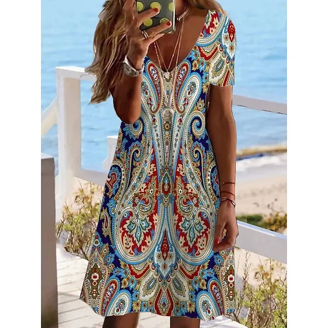Women's Casual Dress Summer Dress Print Dress Floral Print V Neck Mini Dress Active Fashion Outdoor Daily Short Sleeve Regular Fit Black And White Olive Green Colourful Summer Spring S M L XL XXL