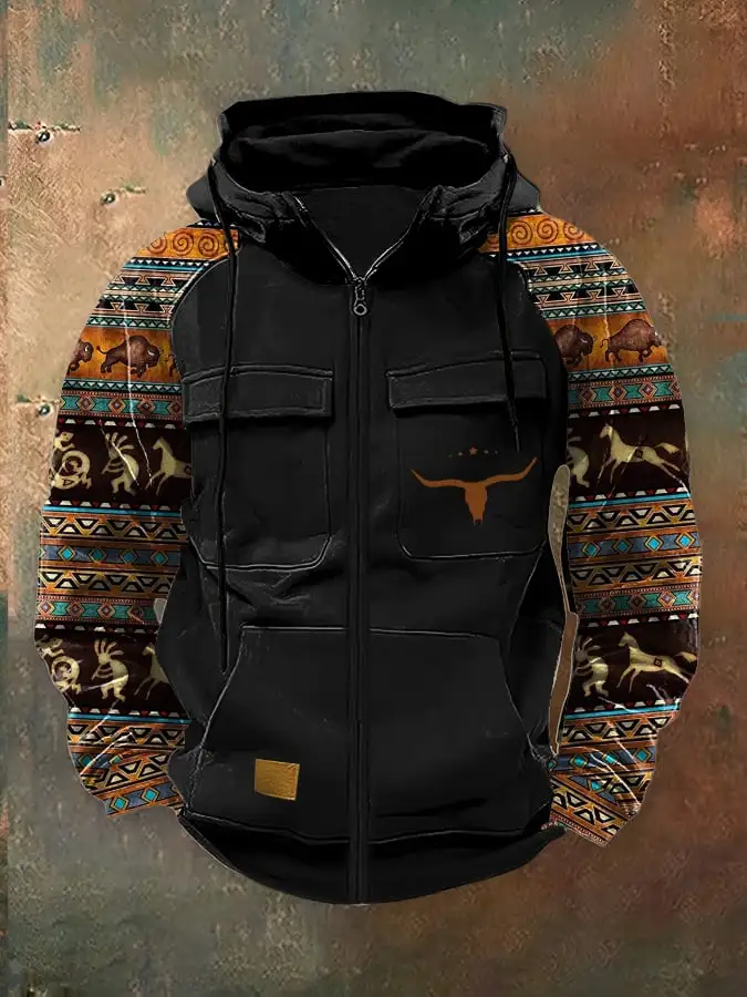 Men's Vintage Western Deer Print Multi-Pocket Jacket