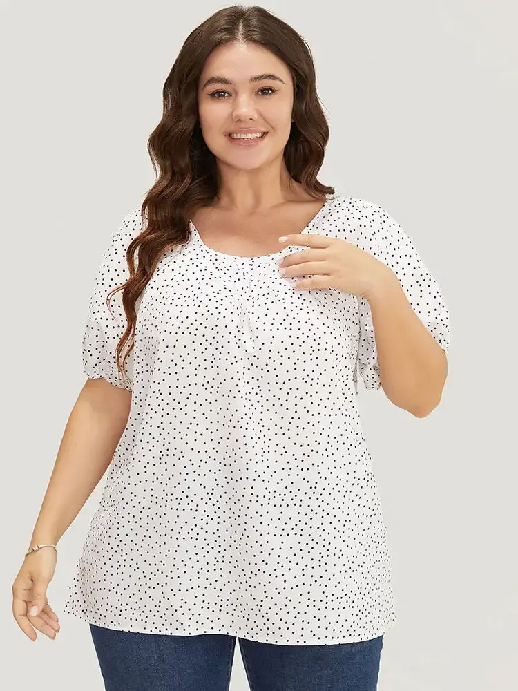 Polka Dot Pleated Round Neck Puff Sleeve Blouse