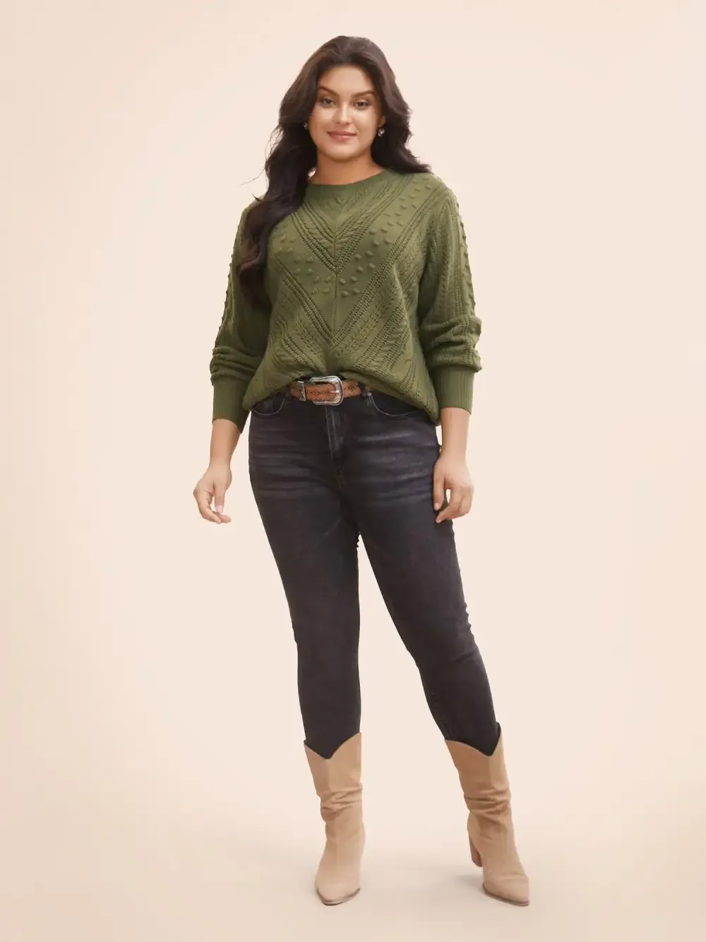 Solid Round Neck Cable Knit Pullover