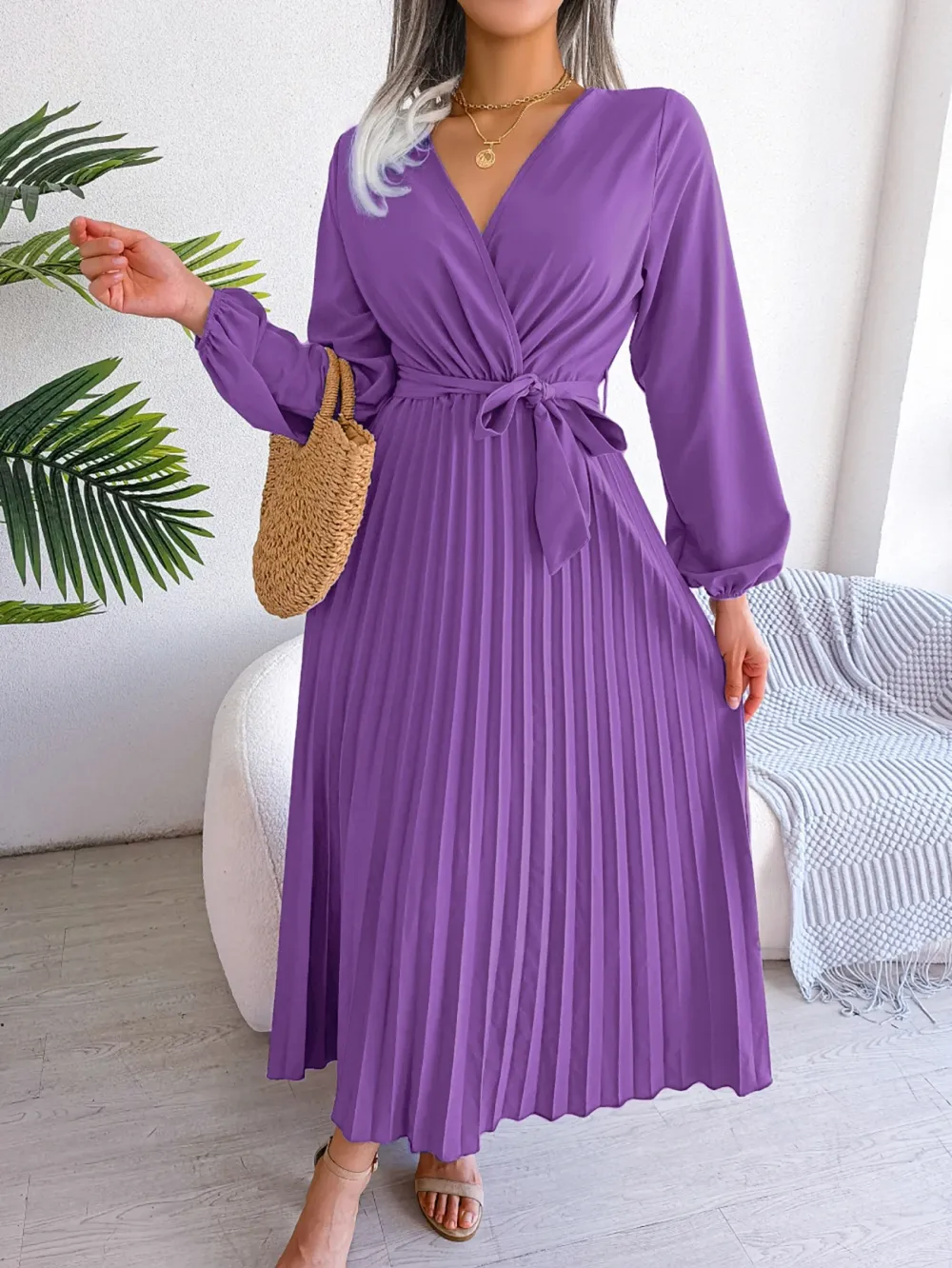 Chic Pleated Dress with Surplice Neckline