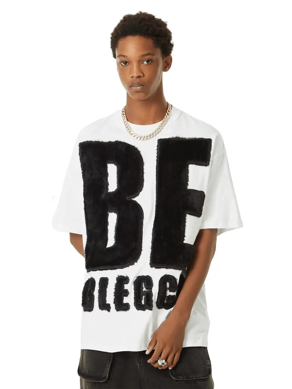 Suede Embroidered Letters Street Rap T-shirt - 2047