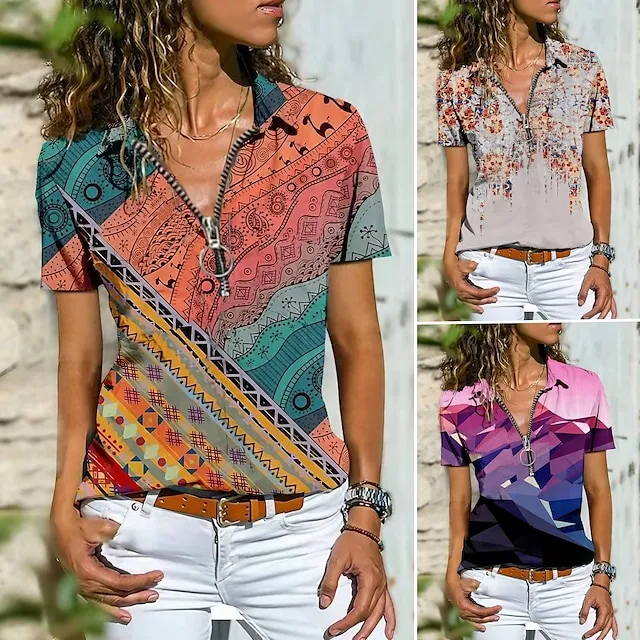 Women‘s Blouse T shirt Zipper Print Multi Color Tropical Shirt Collar T-shirt Sleeve Regular Spring &  Fall Pattern 5 Pattern 7 Pattern 8