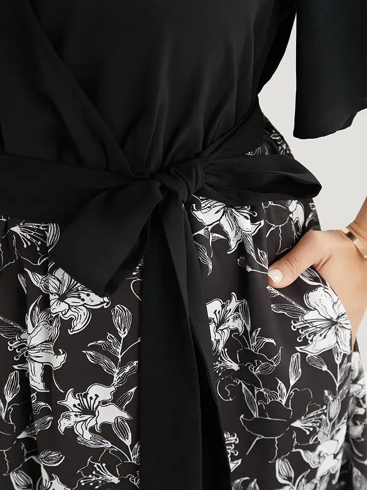 Floral Patchwork Pocket Belt Surplice Neck Ruffle Hem Dress