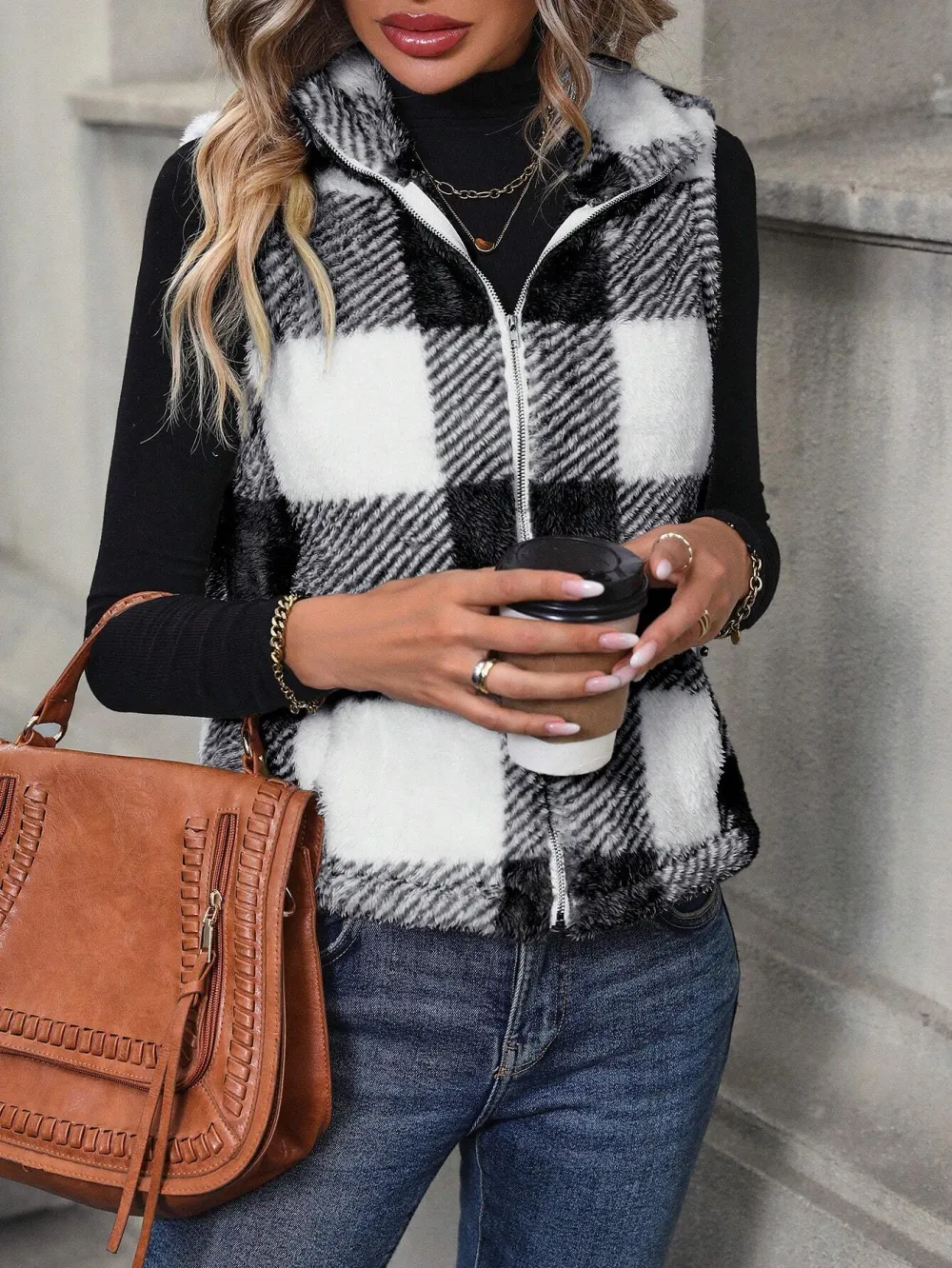 Buffalo Plaid Pattern Zipper Teddy Vest Jacket