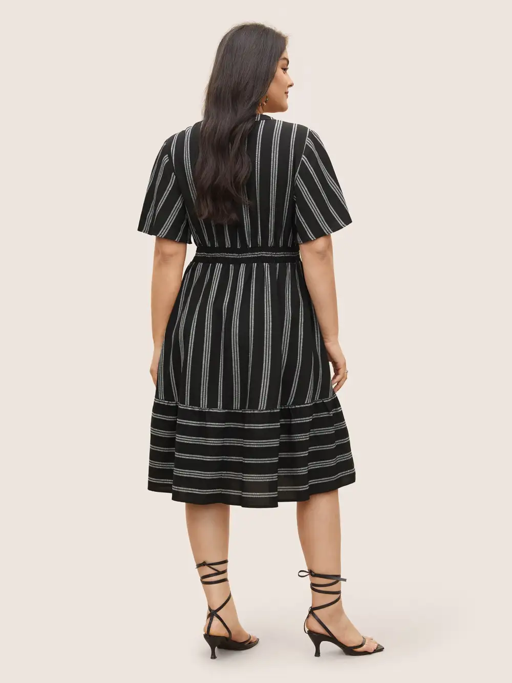 Striped Patchwork Tassels Ties Shirred Dress