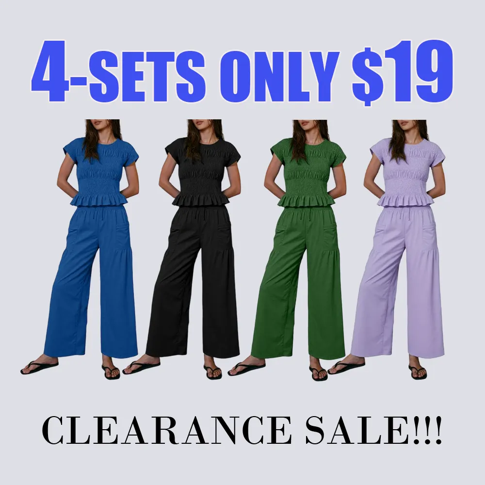 Women's 2-Piece Smocked Top & Wide-Leg Pants Lounge Set with Pockets