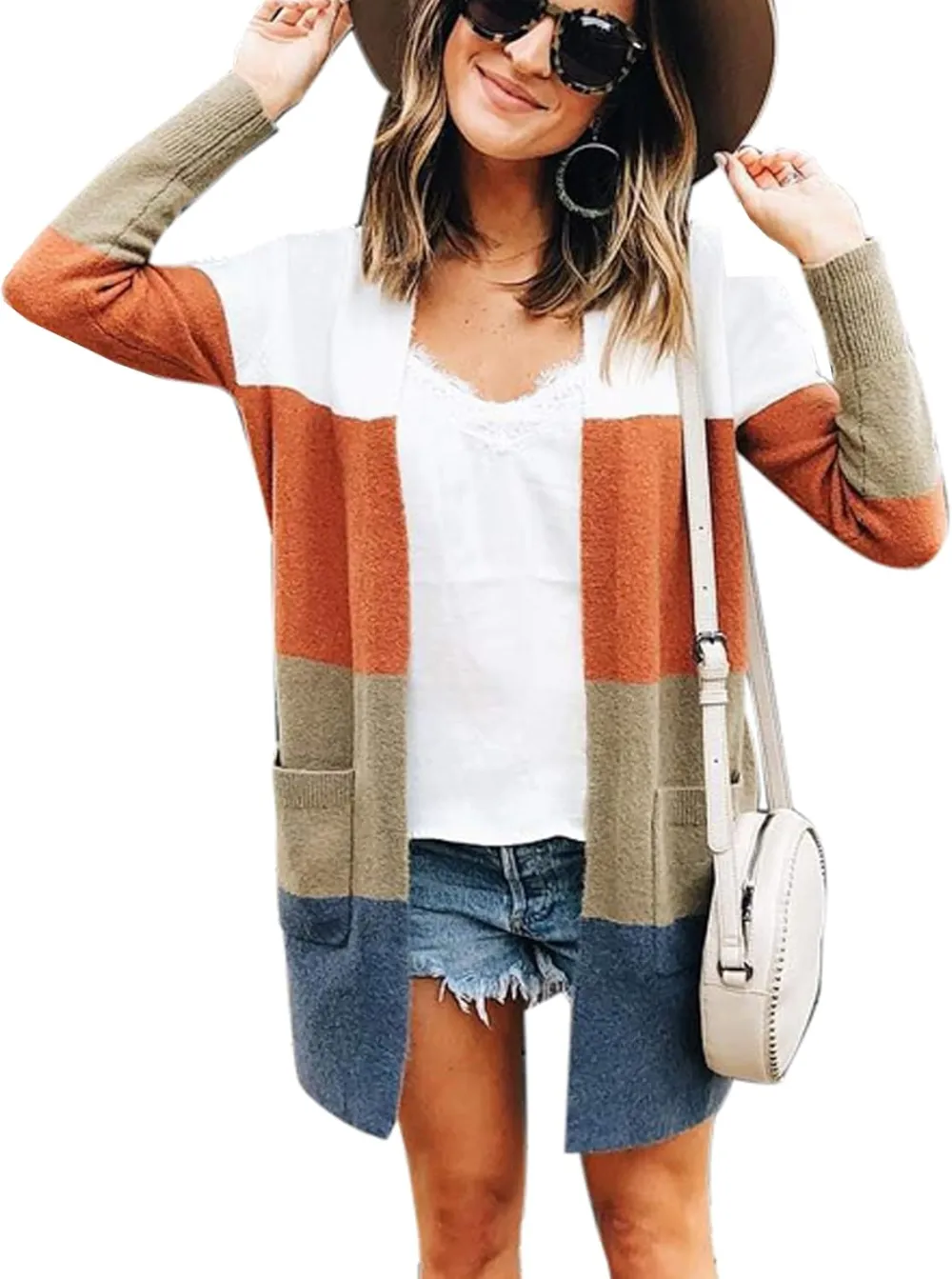 Cardigan Sweaters for Women Lightweight Fall Color Block Striped Long Sleeve Open Front Cozy Knitted Coats Outwear