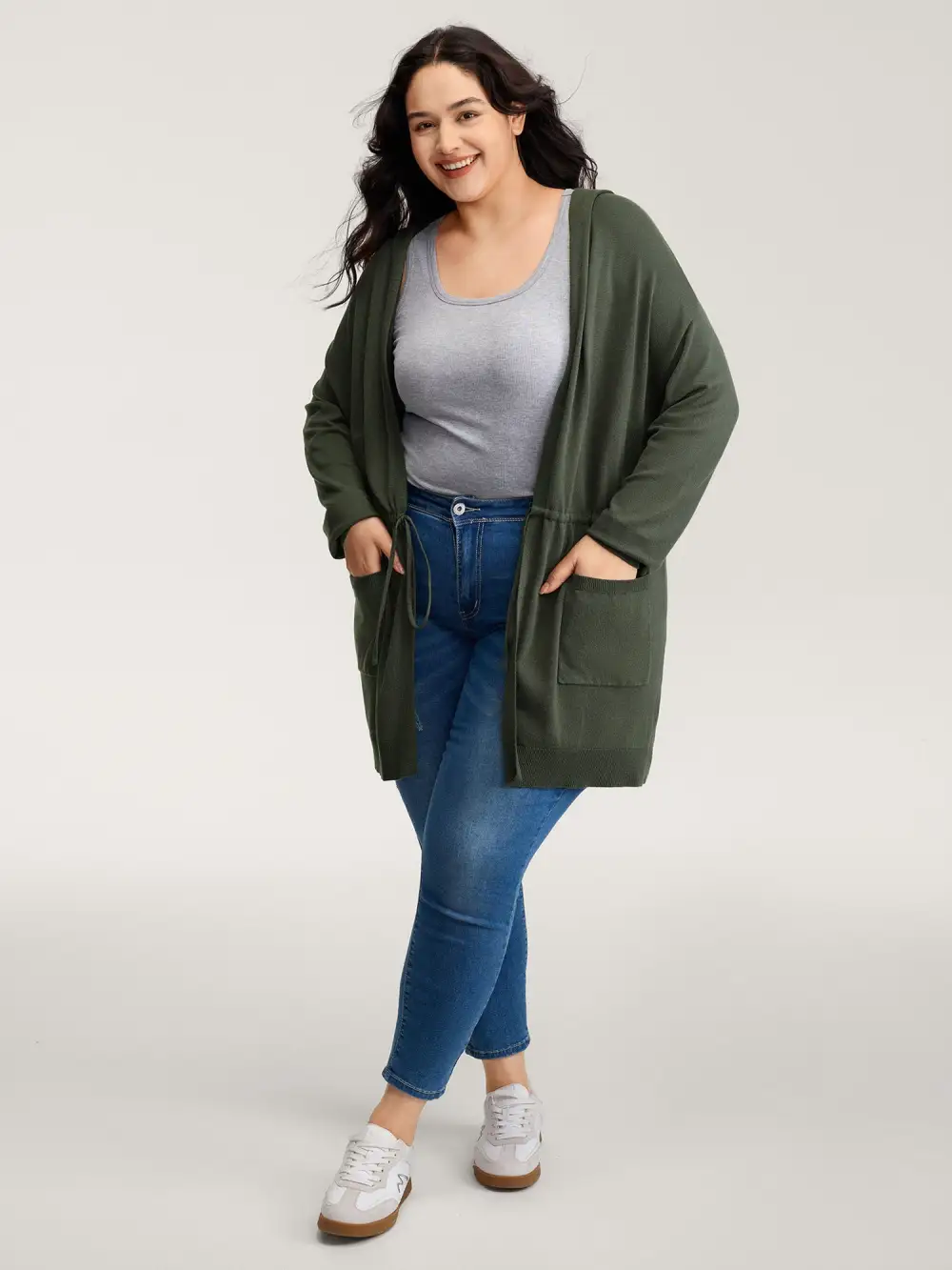 Hooded Drawstring Waist Pockets Knit Cardigan
