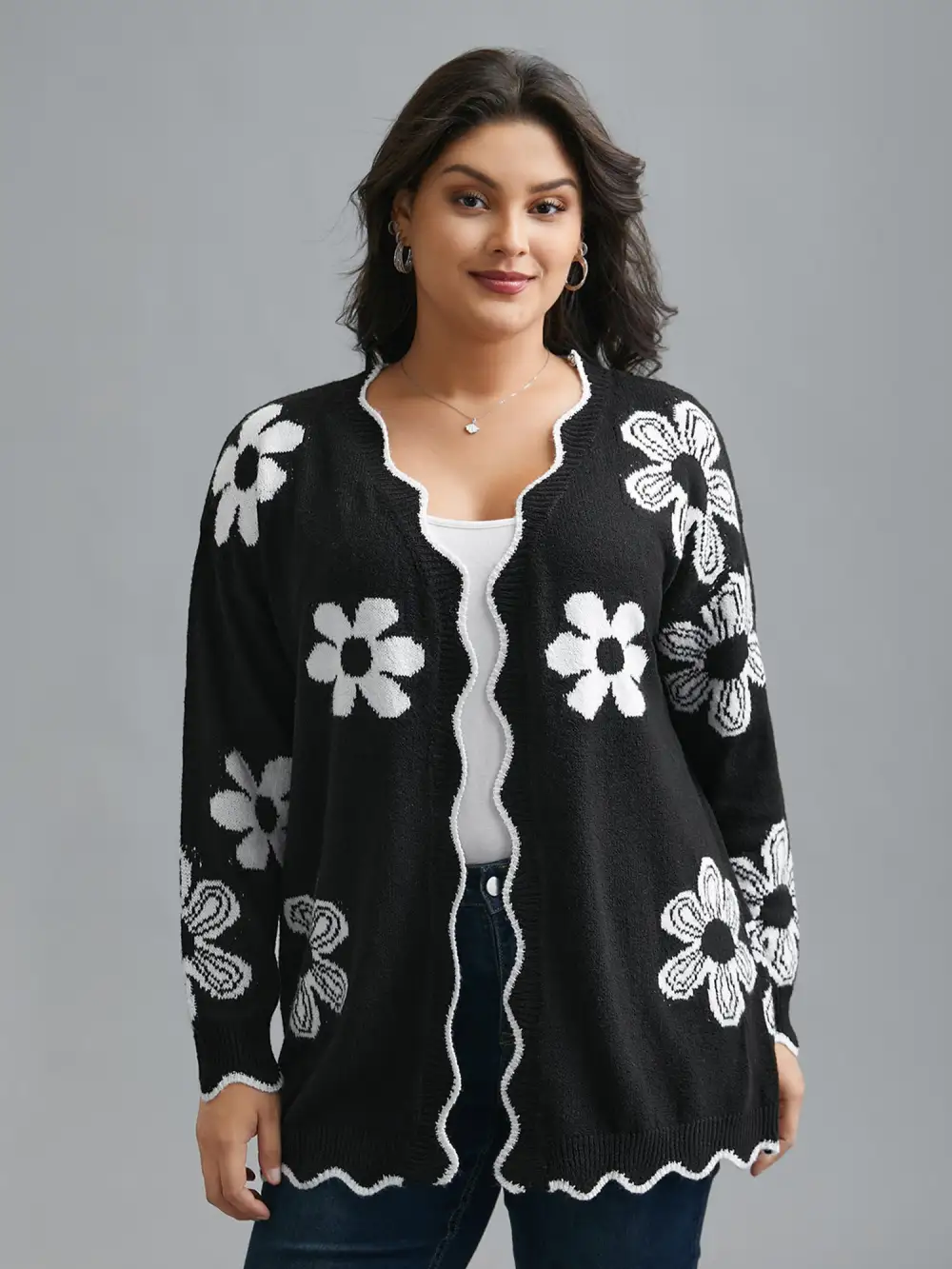 Floral Pattern Open-Front Knitted Cardigan