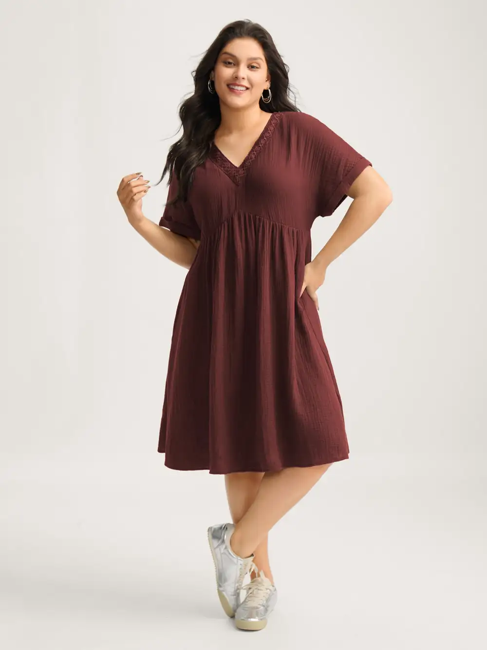 Pure Cotton Lace V-Neck Solid Midi Dress