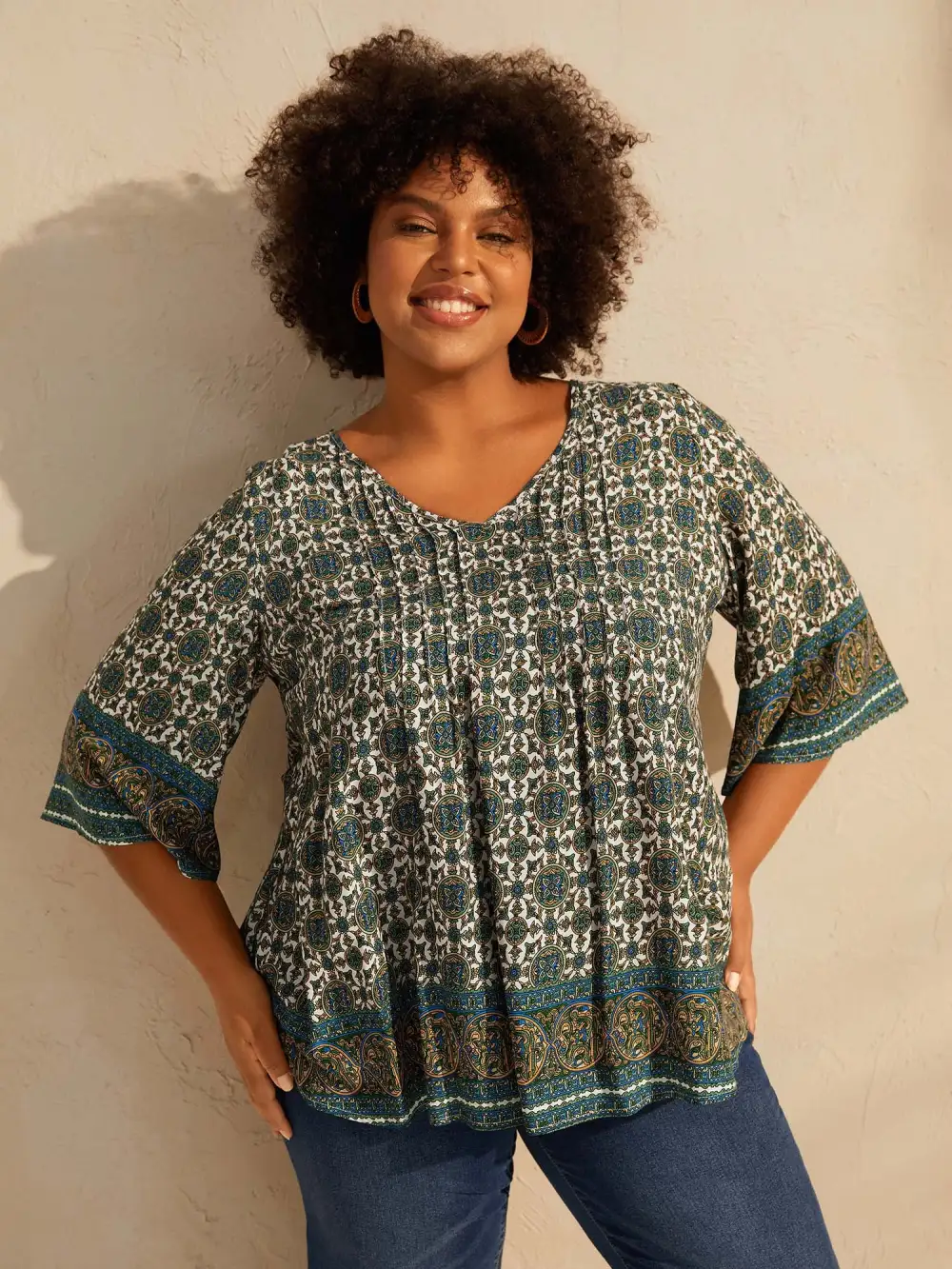 Pin-Tuck Pleat Ornate Print Relaxed Fit Shirt