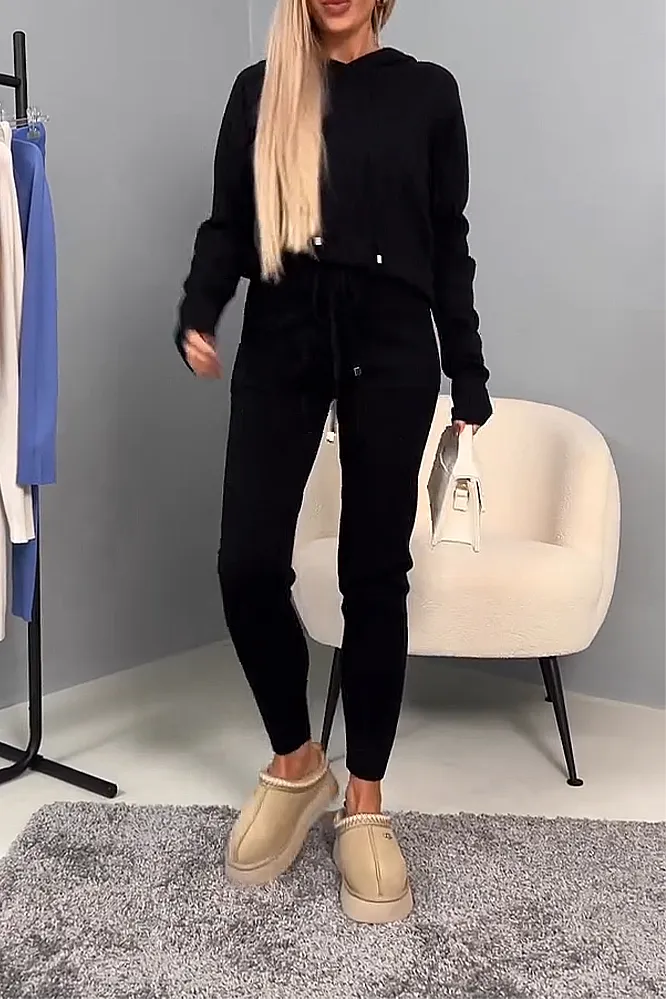 Women's solid color knitted top and pants two-piece set