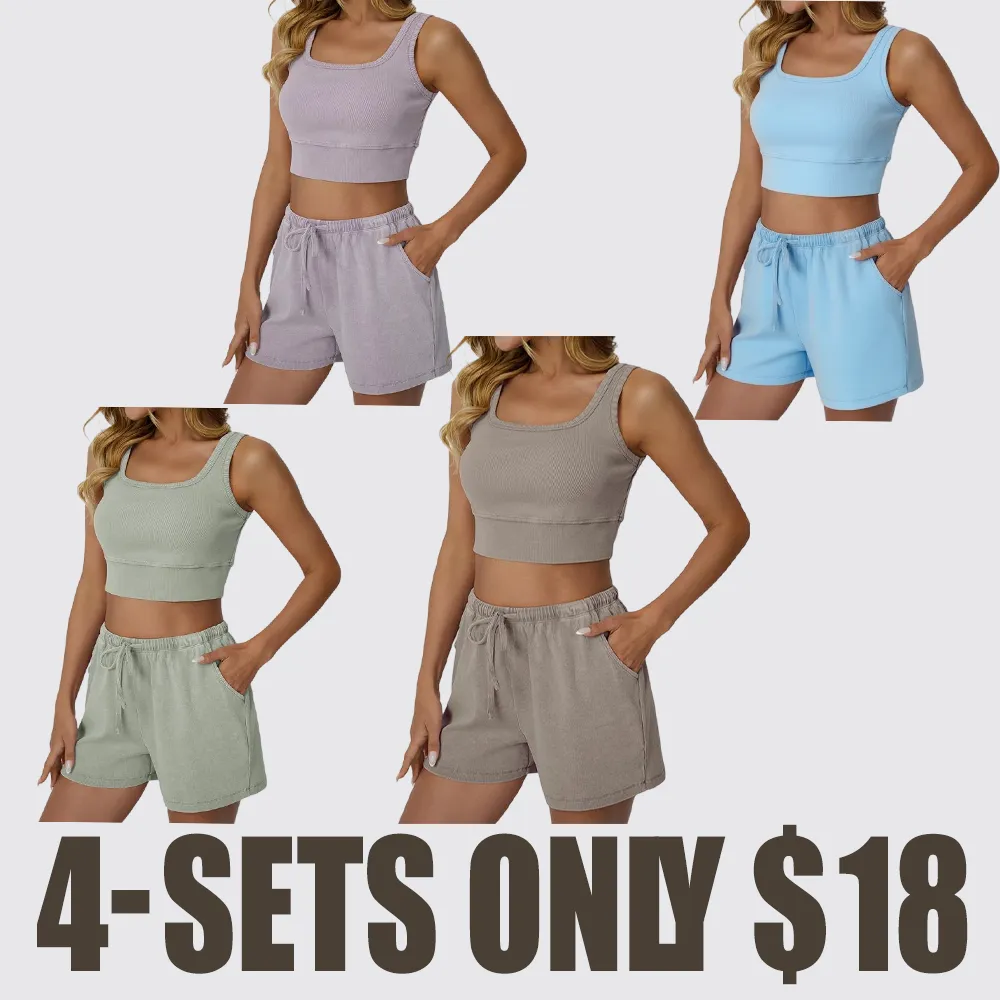 Women's Acid Wash Lounge Set – Tank Top & Shorts, Y2K Style, Easy Care No Detergent Needed