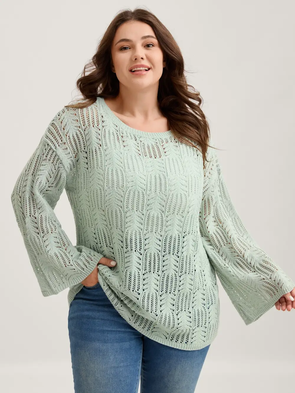 Textured Cut-Out Flared Sleeve Lightweight Pullover