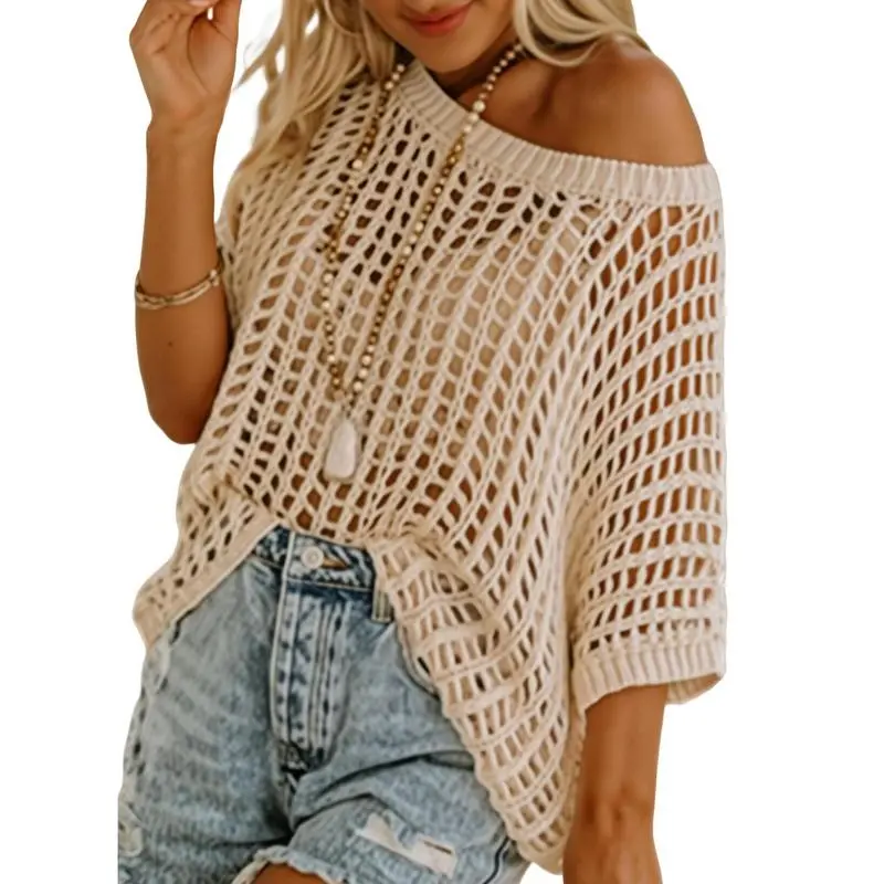 Women's Crochet Knit Short Sleeve Top – Summer Beach Cover-Up