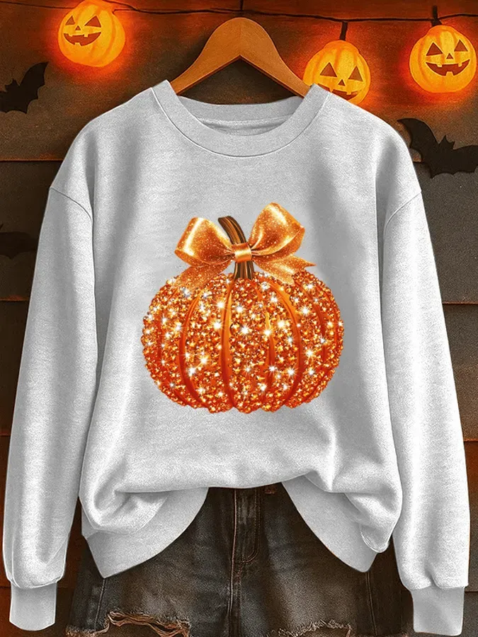 Women's Sequin Pumpkin Print Crew Neck Sweatshirt