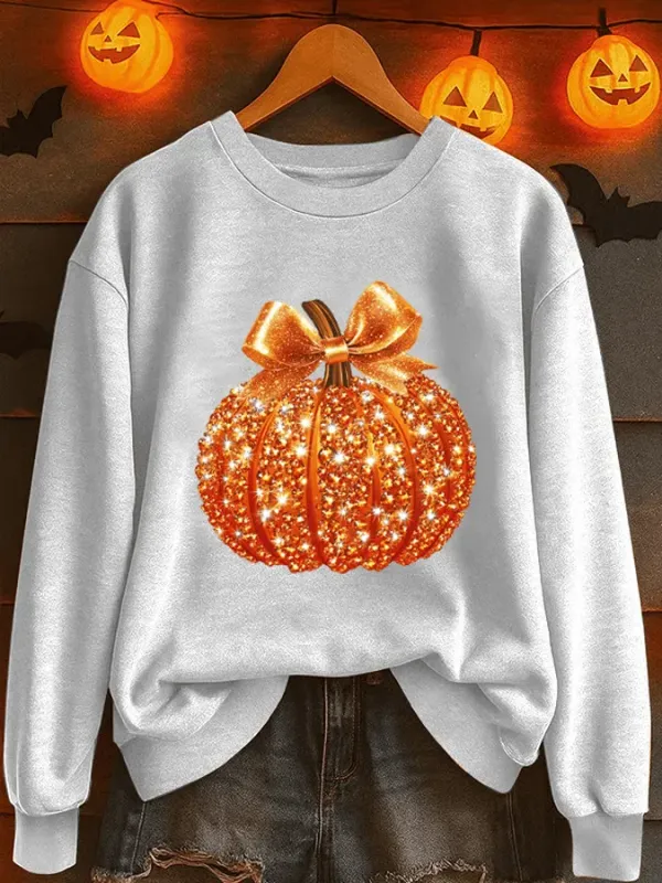 Women's Sequin Pumpkin Print Crew Neck Sweatshirt