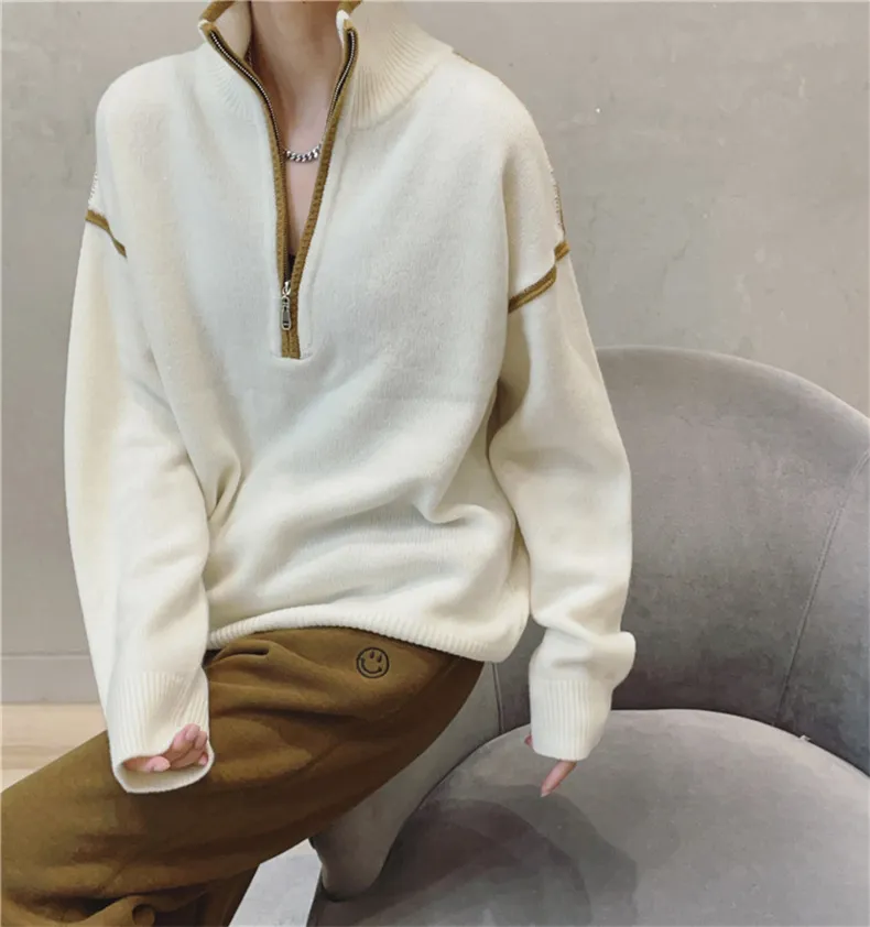 Stand Collar Zip Colorblock Loose Fashion Sweater