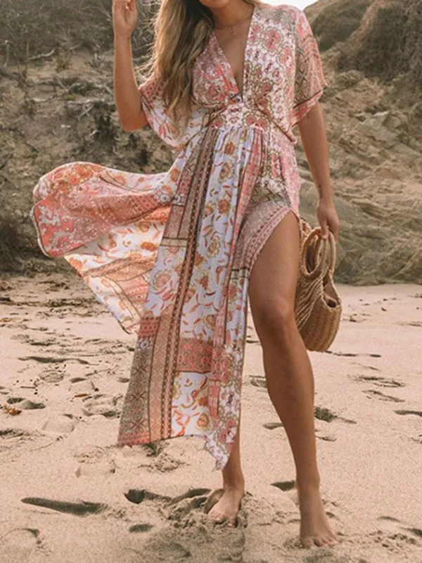 Ethnic Printing Vacation V Neck Coverup