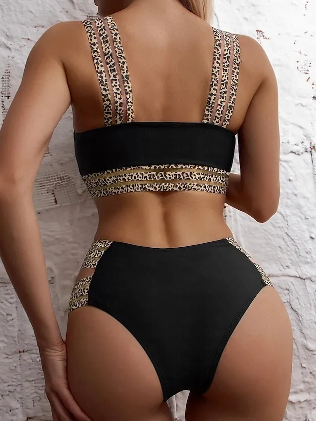 Women's Swimwear Bikini 2 Piece Normal Swimsuit 2 Piece Printing Leopard Black Bathing Suits Sports Beach Wear Holiday