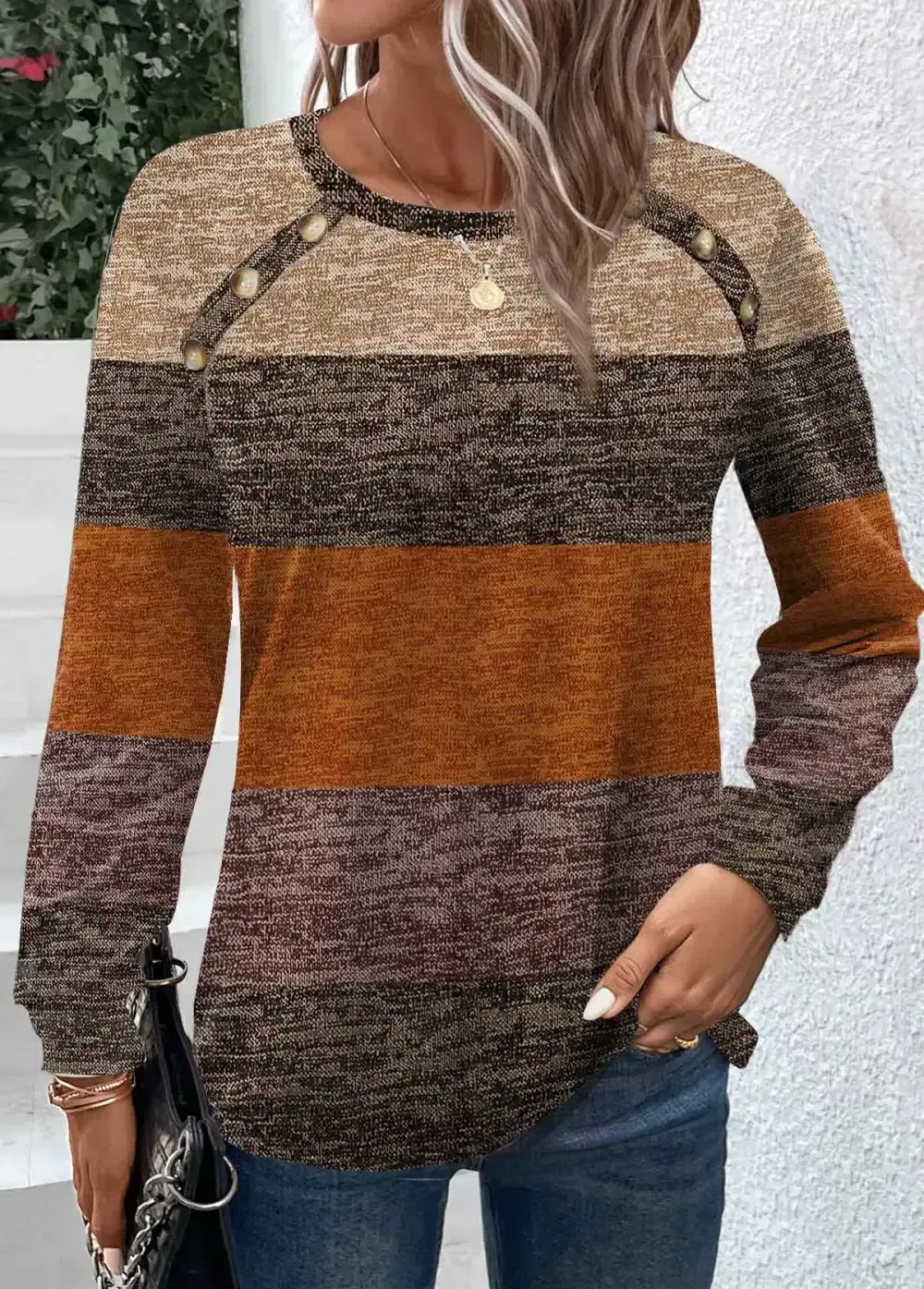 Dark Camel Button Striped Long Sleeve T Shirt