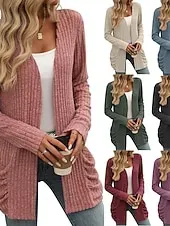 Women's Winter Coat Comfortable Breathable Pocket Open Front Elegant Casual Plain Vacation Street Casual Daily Wear Open Front Regular Collarless Regular Fit Long Sleeve Outerwear Pink Red Blue