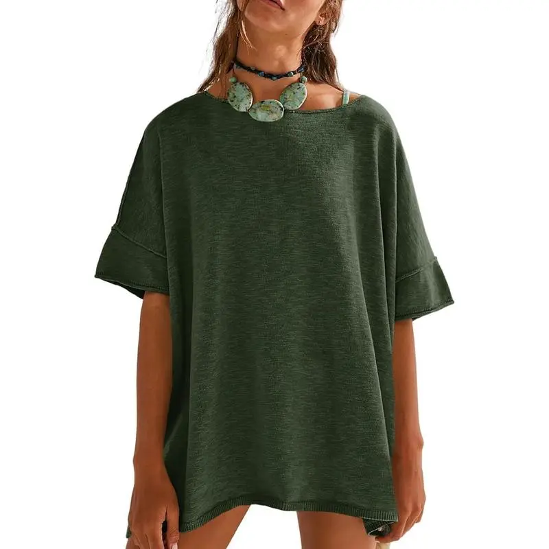 Women's Oversized Crew Neck Side Slit T-Shirt – Casual, Loose-Fit Summer Top