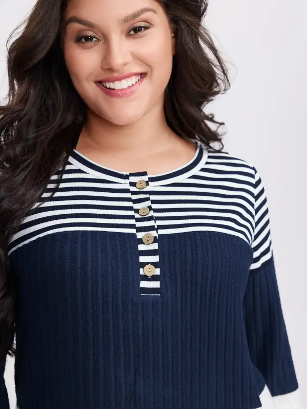 Stripe Ribbed Button Placket T-Shirt