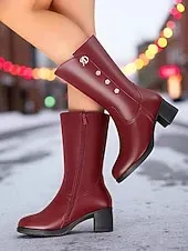 Women's Black Faux Leather Winter Boots with Warm Fur Lining, Mid-Calf Snow Boots with Block Heel, Non-Slip Cozy Fashion Footwear for Cold Weather, Outdoor Travel and Holiday Wear