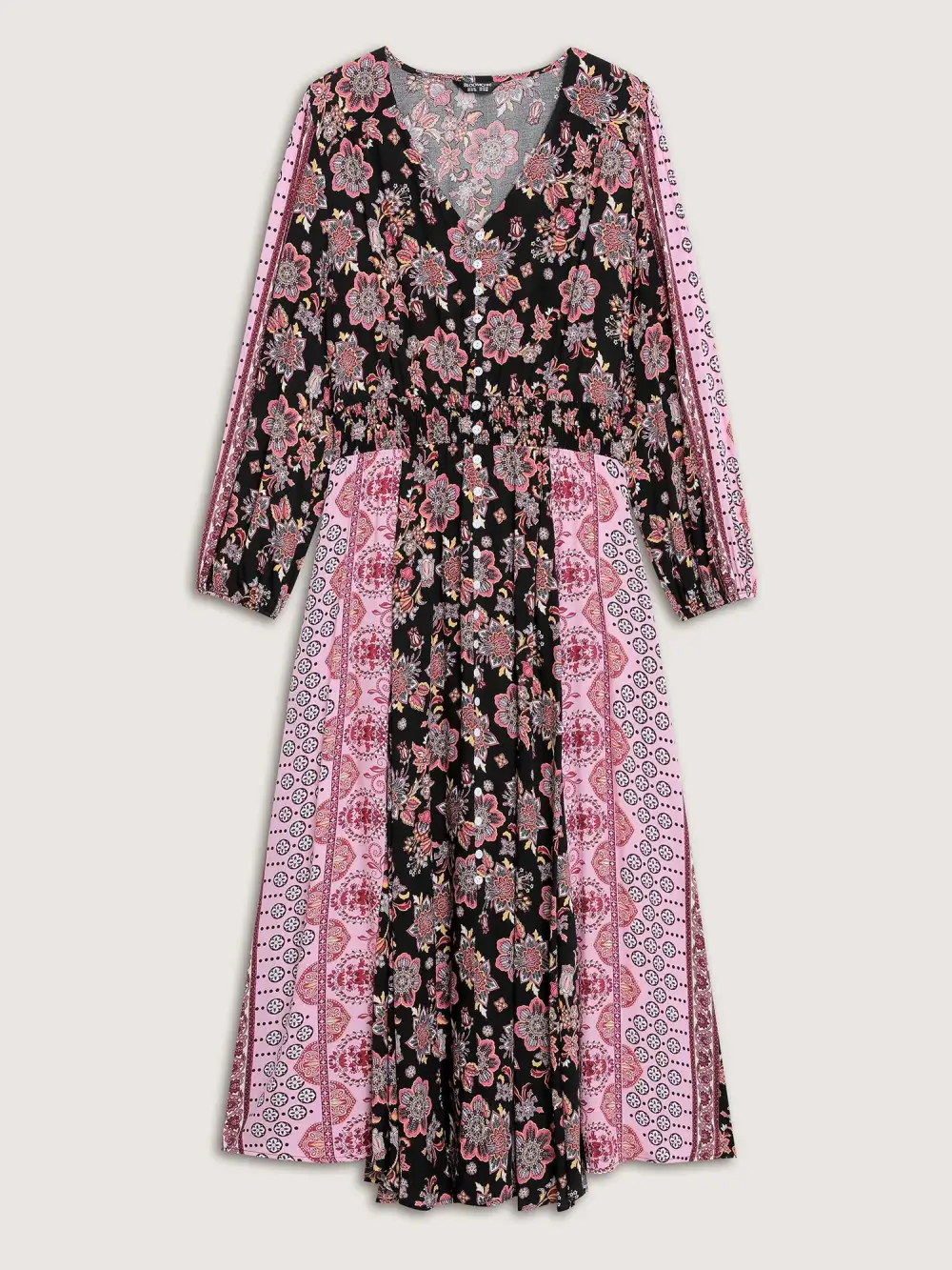 Floral Print Contrast Stripe Button Maxi Dress