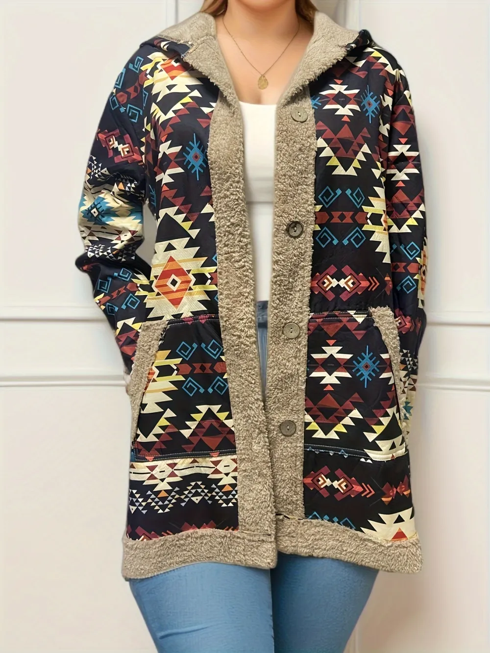 Vibrant Geo Print Hooded Jacket - Soft, Casual, Long Sleeve, Button Front, Pockets, Fall & Winter Essential - Women's Stylish Clothing for Everyday Wear