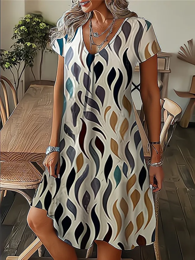 Women's Floral Leaf Print V Neck Midi Dress Daily Vacation Short Sleeve Summer Spring