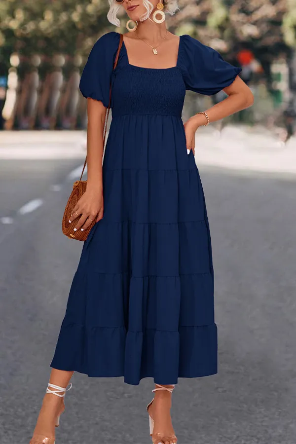 Solid Smocked Puff Sleeve Midi Dress
