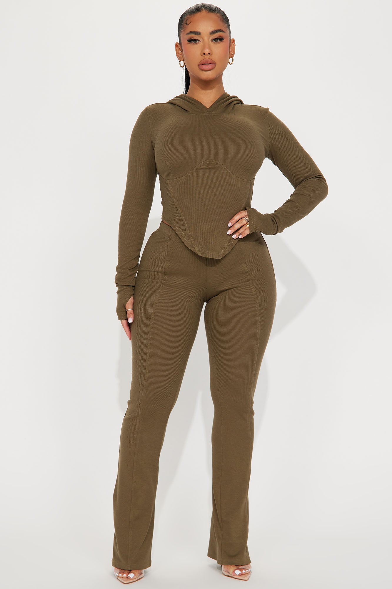 Faye Ribbed Pant Set - Olive