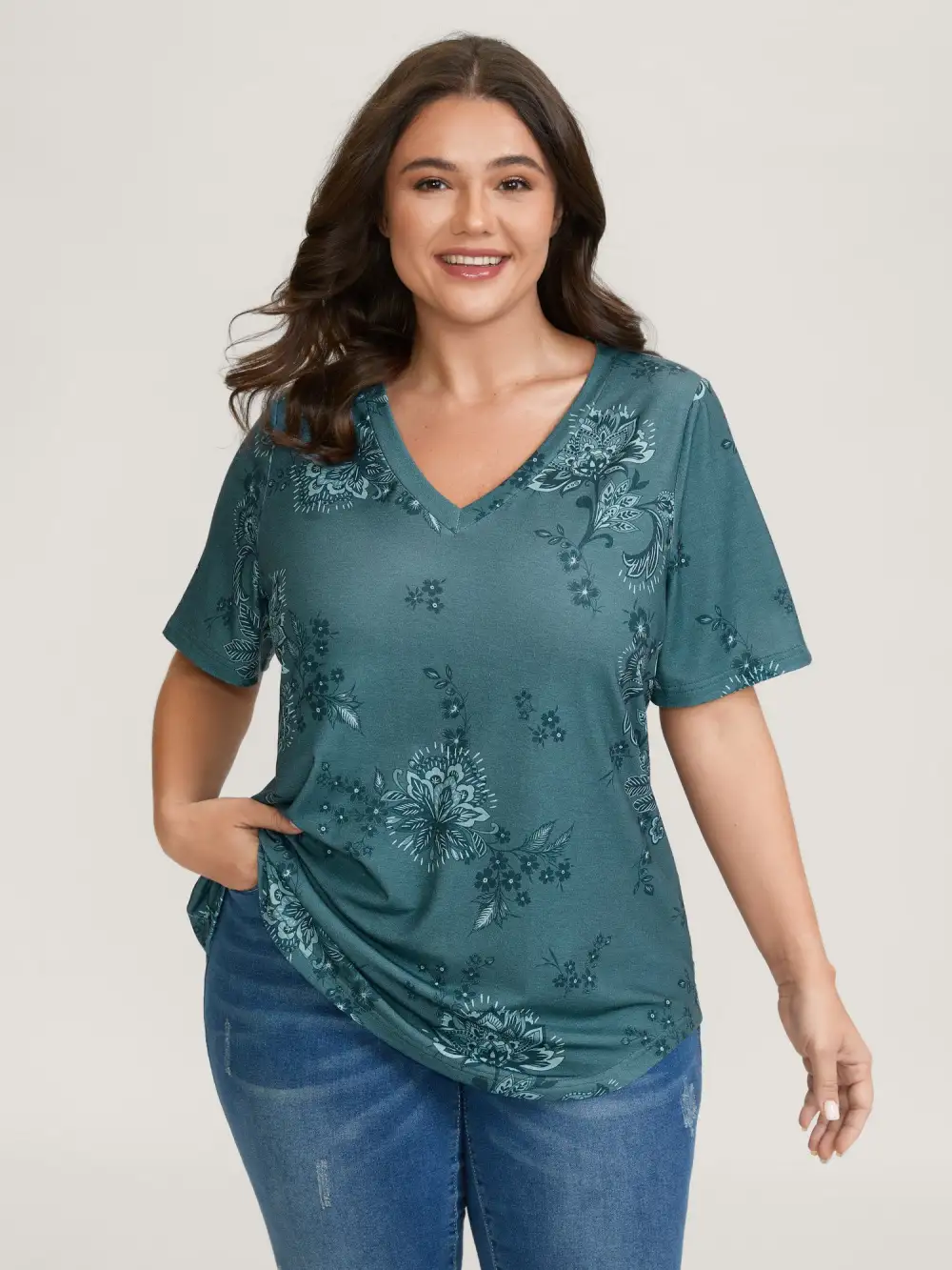 Floral V-Neck Drapey T-Shirt