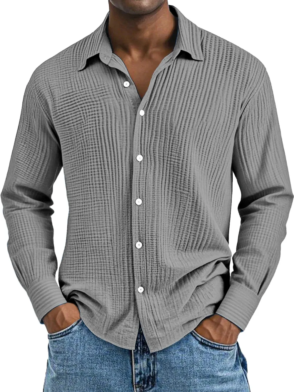 Men's Daily Casual Solid Color Pure Cotton Pleated Texture Long-sleeved Shirt