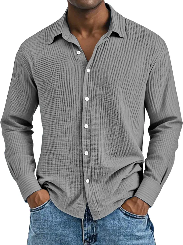 Men's Daily Casual Solid Color Pure Cotton Pleated Texture Long-sleeved Shirt