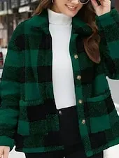 Women's Winter Coat Sherpa Jacket Comfortable Breathable Pocket Buttons Print Casual Plaid Vacation Street Casual Daily Wear Single Breasted Regular Turndown Regular Fit Long Sleeve Outerwear Black