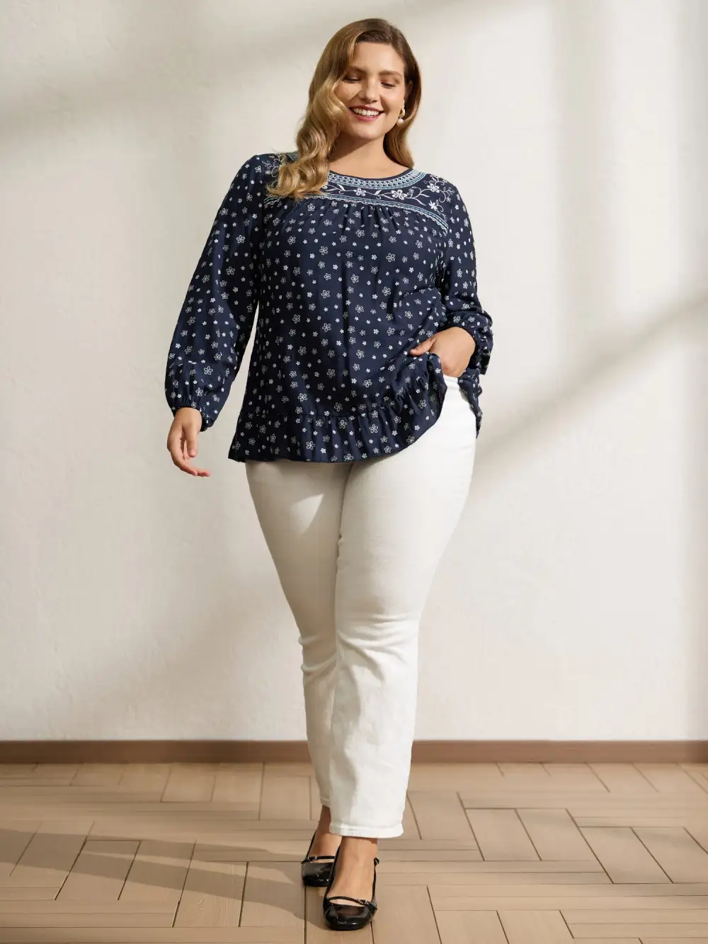 Supersoft Embroidered Ruffled Hem Blouse