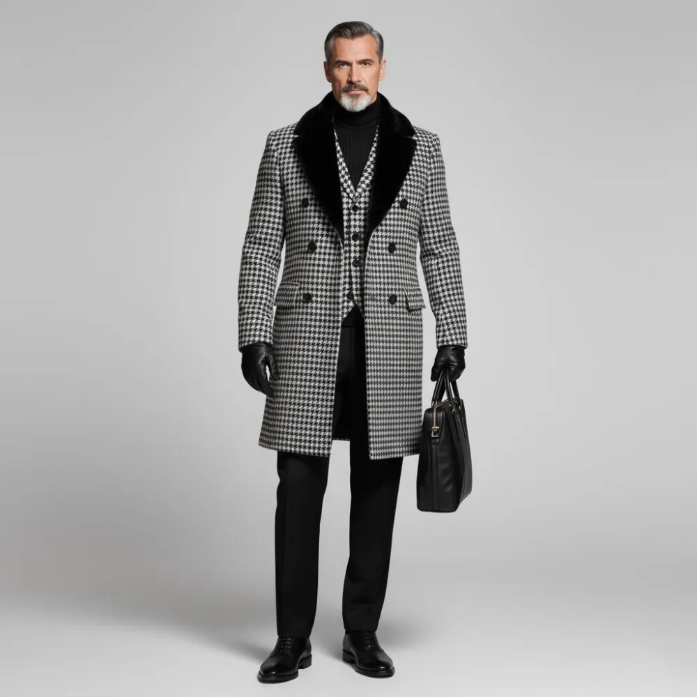 Men's Black Furry Collar Double Breasted Long Sleeve Houndstooth Pattern Mid-Length Overcoat