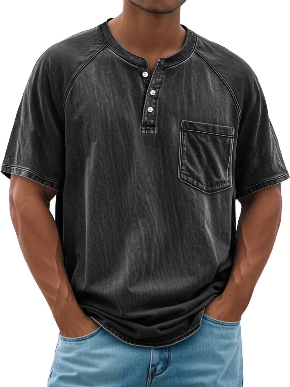 Men's Retro Everyday Raglan Pocket Casual Short Sleeve Henley Shirt