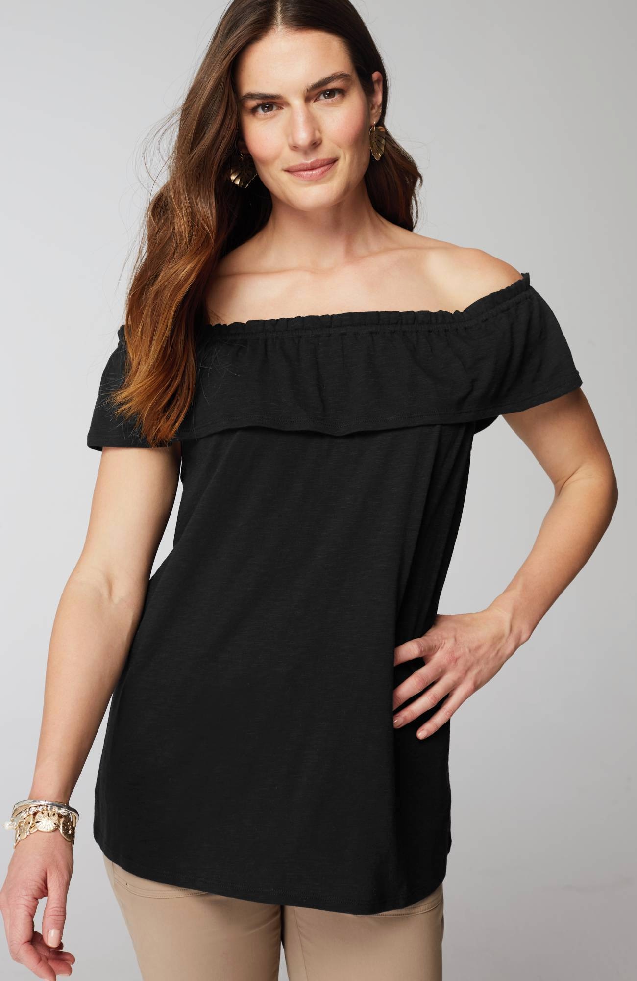 Convertible-Shoulder Ruffled Top