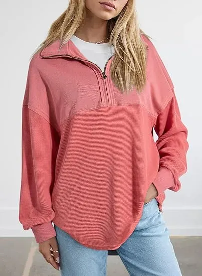 Oversized Waffle Knit Half Zip Pullover Soft Polyester Blend Long Sleeve Sweatshirt