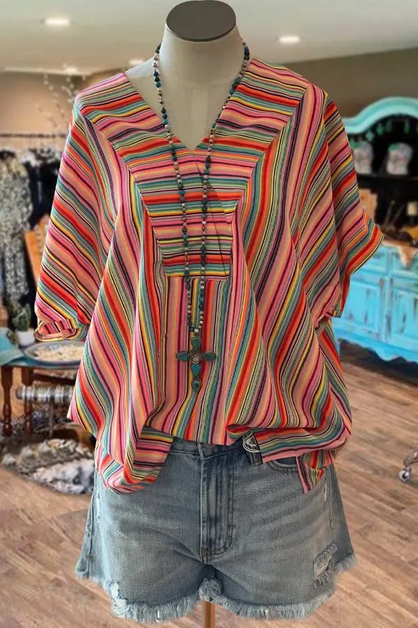 Multi Striped Half Sleeve V-Neck Top