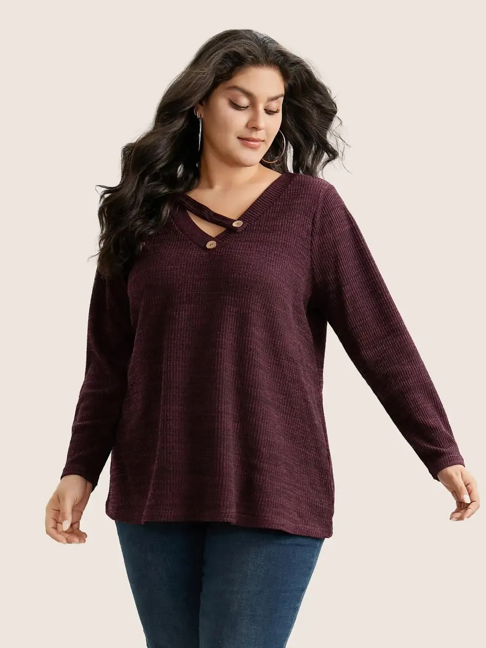 Solid Rib Knit Button Detail T-Shirt