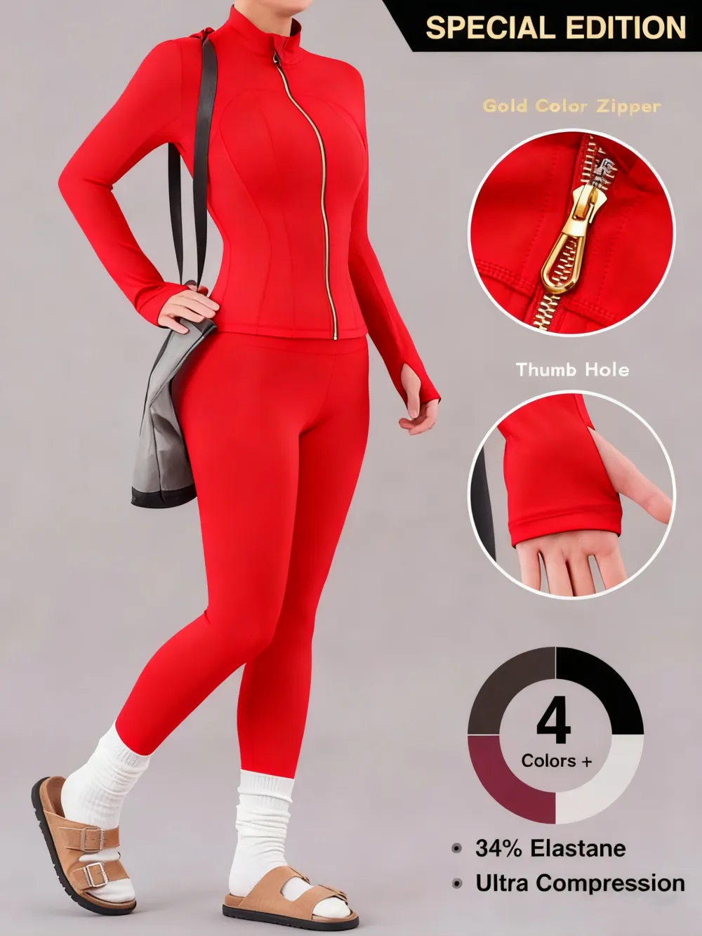 Women's Solid Zip Up Jacket & High Waist Leggings Tracksuit Set